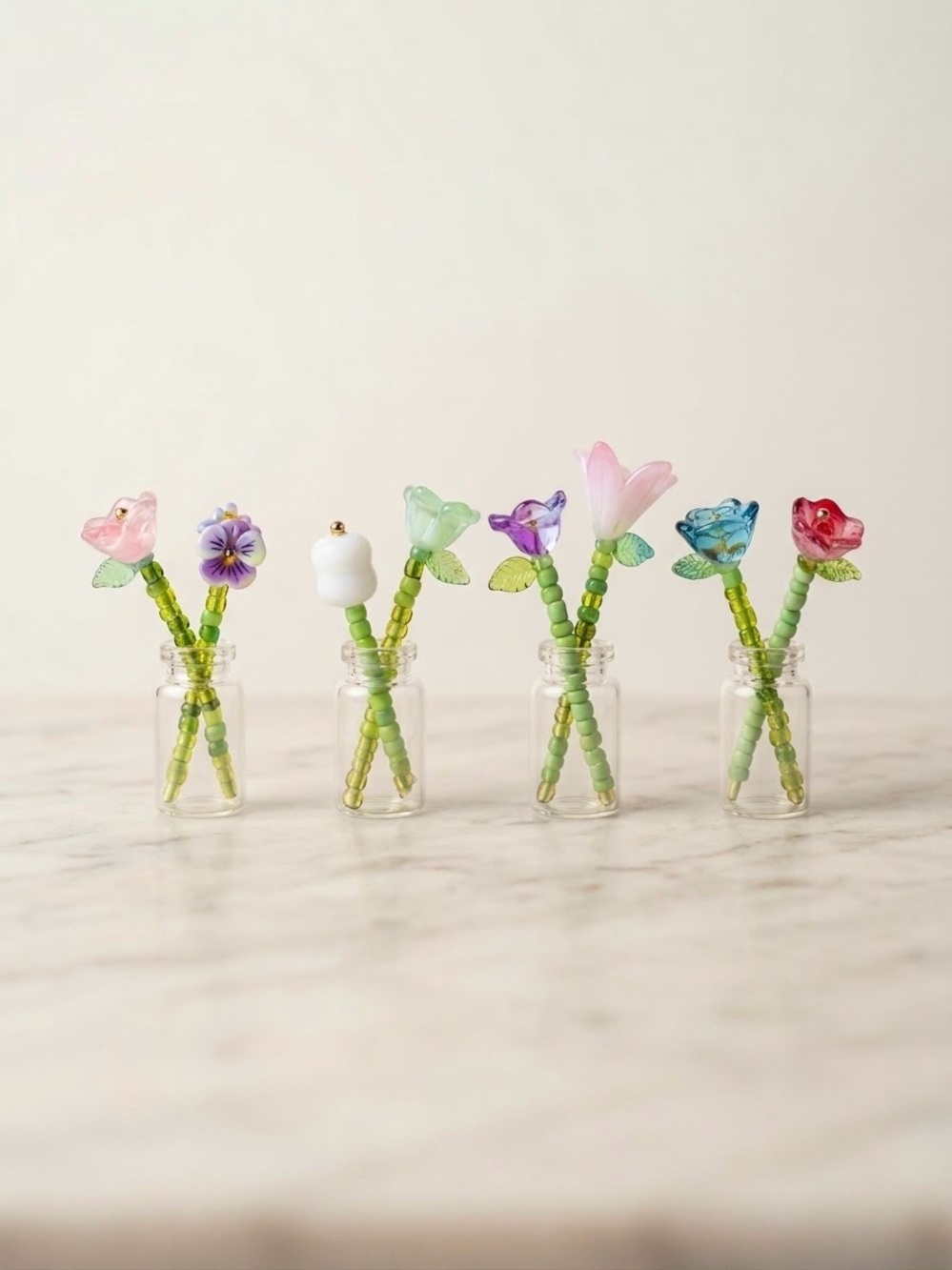 Miniature Handmade Beaded Flower Bouquets with Glass Vases- Set of 4